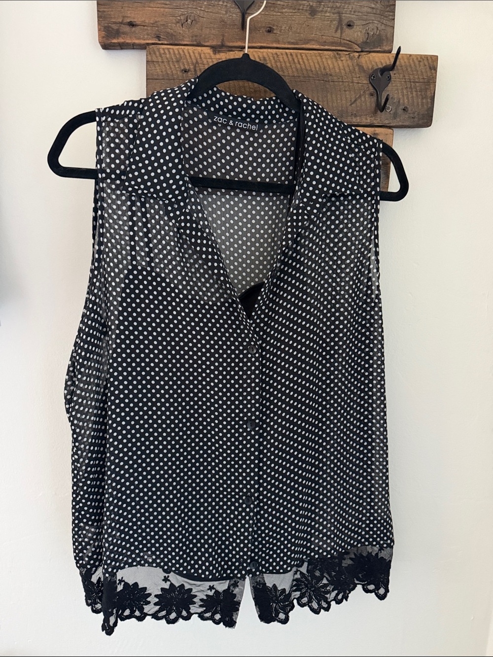 Zac & Rachel Black Polka Dot Sleeveless Button-Front Top with Lace Hem, two piec